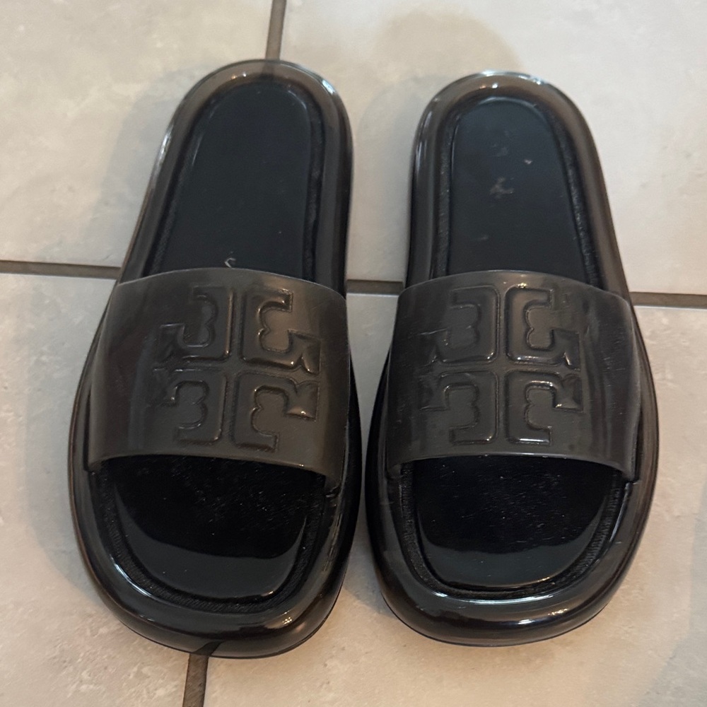 Tory Burch Black Jelly Logo-Embossed Slide Sandals L size 6 R size 7